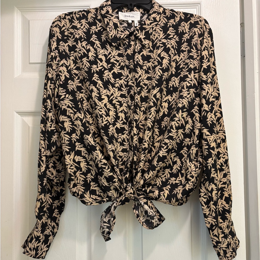 ba&sh Black and Cream Tie-Front Button Down Shirt